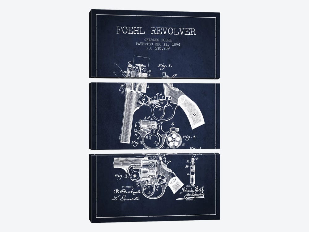 Foehl Revolver Navy Blue Patent Blueprint by Aged Pixel 3-piece Canvas Art
