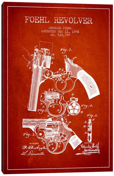 Foehl Revolver Red Patent Blueprint Canvas Art Print - Weapons & Artillery Art