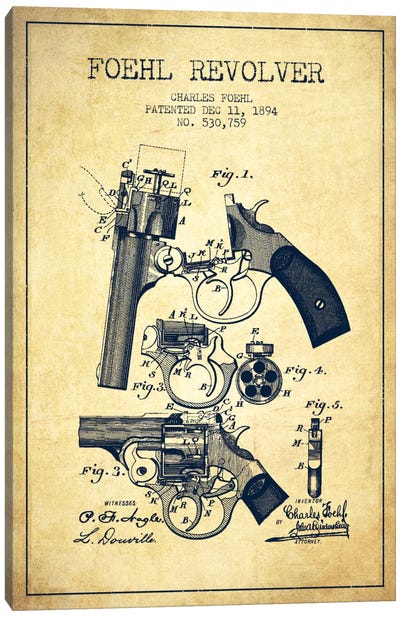 Foehl Revolver Vintage Patent Blueprint Canvas Art Print - Weapon Blueprints