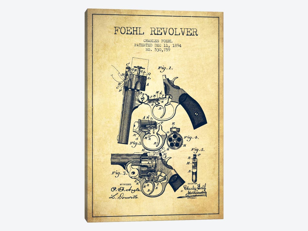 Foehl Revolver Vintage Patent Blueprint by Aged Pixel 1-piece Canvas Wall Art