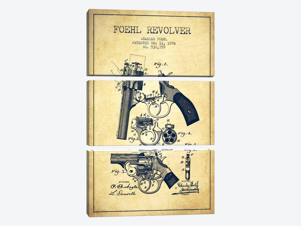 Foehl Revolver Vintage Patent Blueprint 3-piece Canvas Wall Art