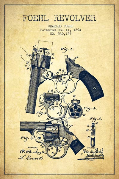 Weapon Blueprints: Foehl Revolver Vintage Patent Blueprint by Aged Pixel