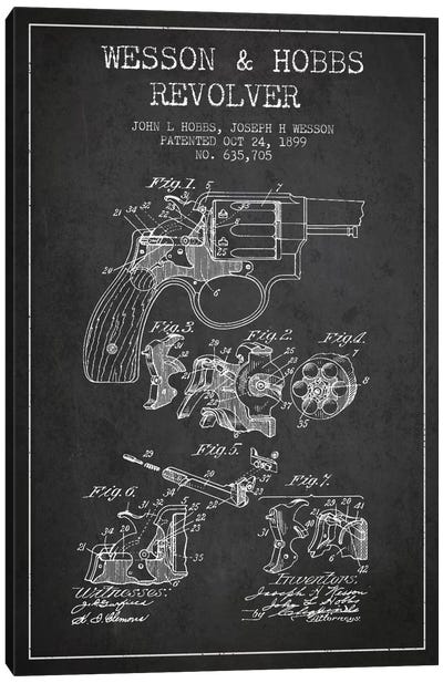 Wesson & Hobbs Revolver Charcoal Patent Blueprint Canvas Art Print - Weapon Blueprints