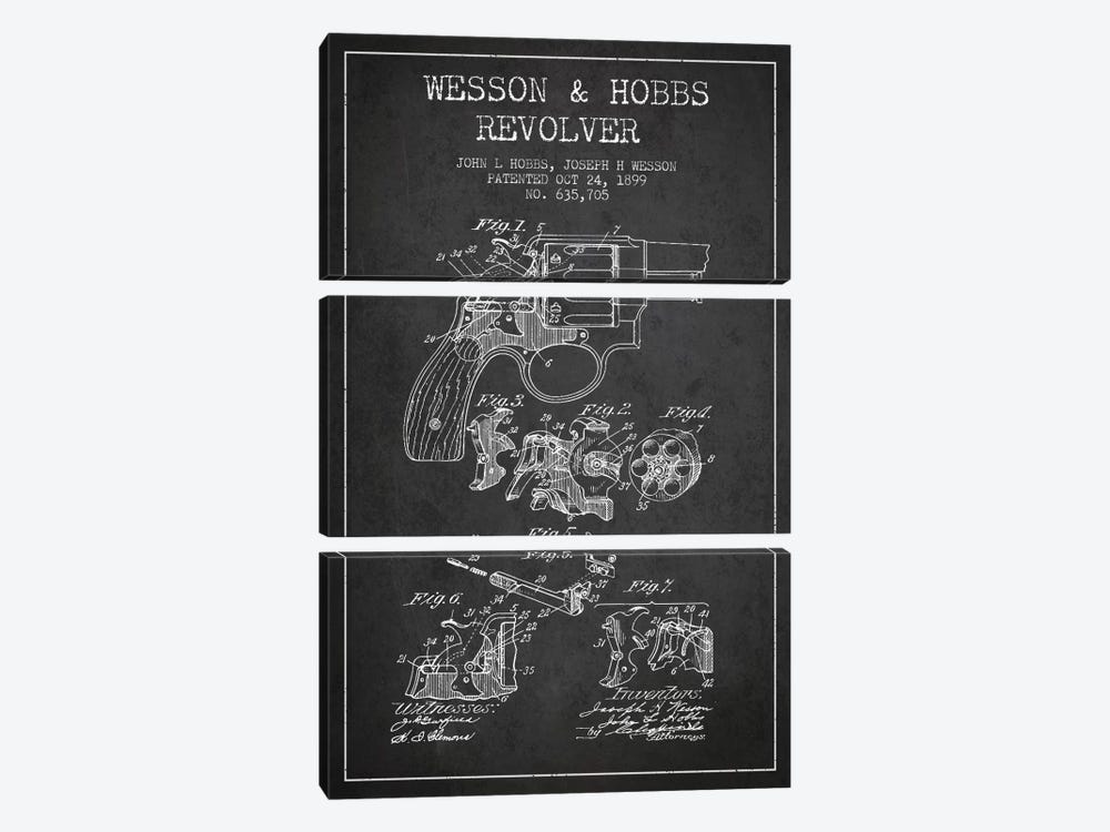 Wesson & Hobbs Revolver Charcoal Patent Blueprint by Aged Pixel 3-piece Canvas Print