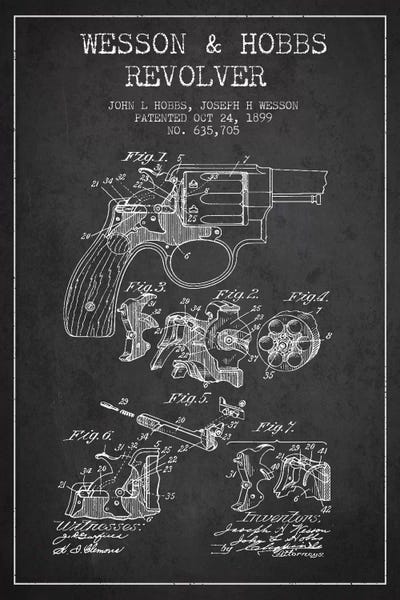 Aged Pixel: Wesson & Hobbs Revolver Charcoal Patent Blueprint by Aged Pixel