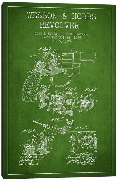 Wesson & Hobbs Revolver Green Patent Blueprint Canvas Art Print - Weapons & Artillery Art