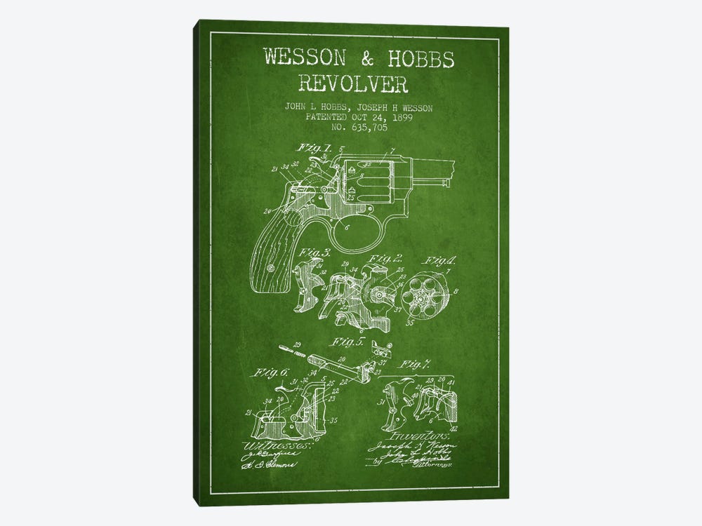 Wesson & Hobbs Revolver Green Patent Blueprint by Aged Pixel 1-piece Canvas Artwork