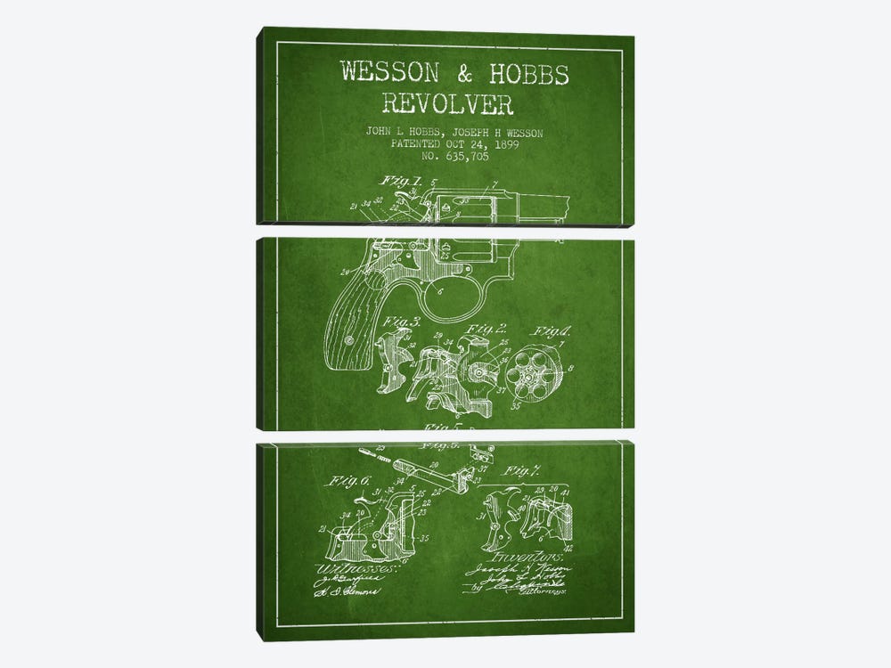 Wesson & Hobbs Revolver Green Patent Blueprint by Aged Pixel 3-piece Canvas Artwork