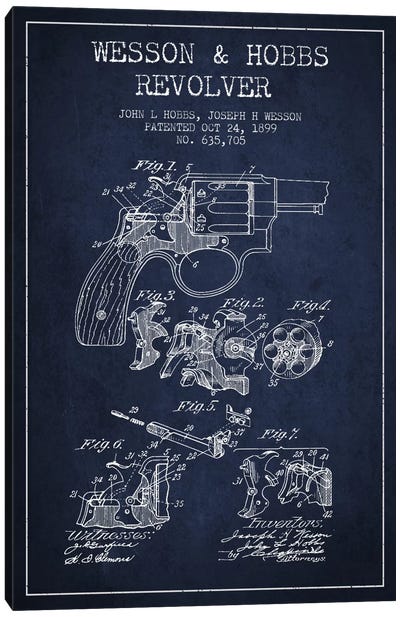 Wesson & Hobbs Revolver Navy Blue Patent Blueprint Canvas Art Print - Aged Pixel: Weapons