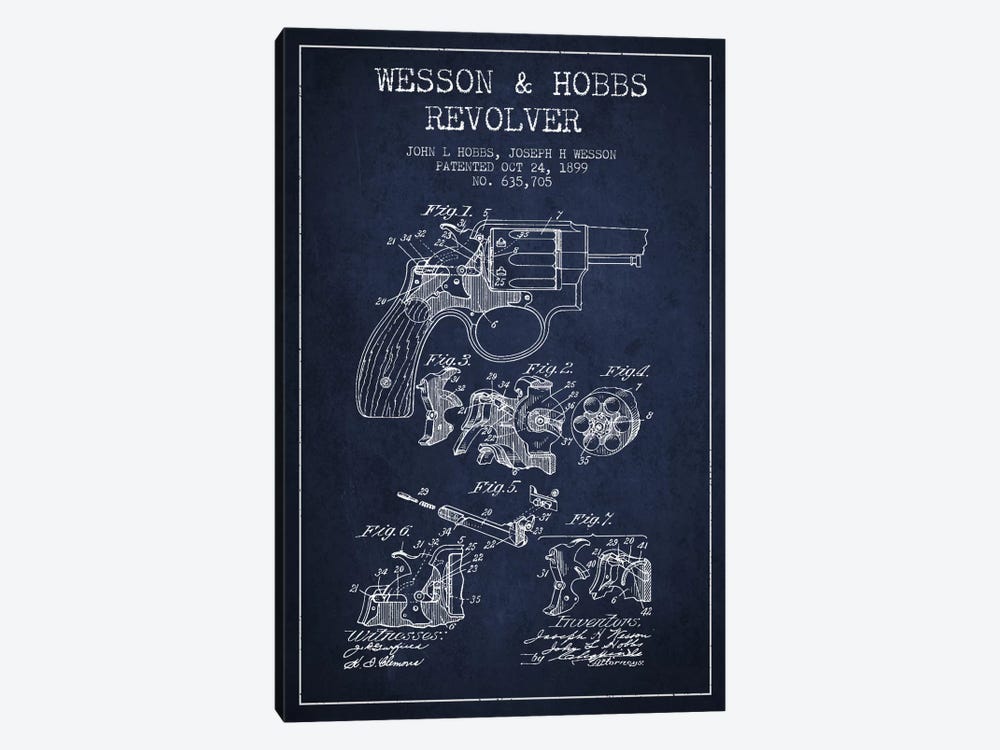Wesson & Hobbs Revolver Navy Blue Patent Blueprint by Aged Pixel 1-piece Art Print