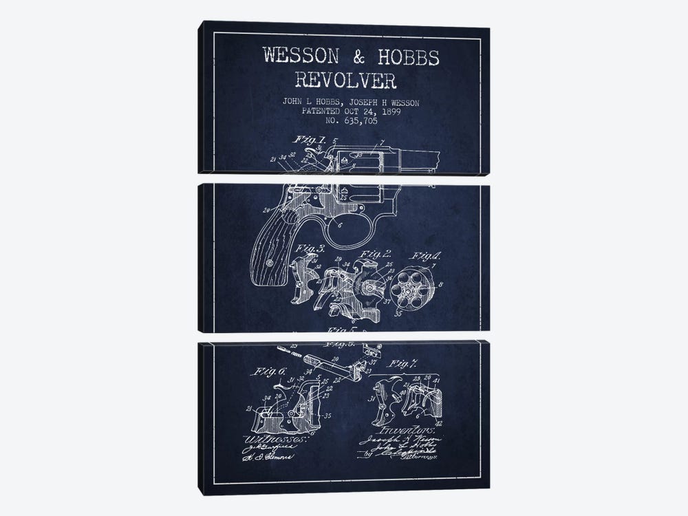 Wesson & Hobbs Revolver Navy Blue Patent Blueprint by Aged Pixel 3-piece Canvas Print