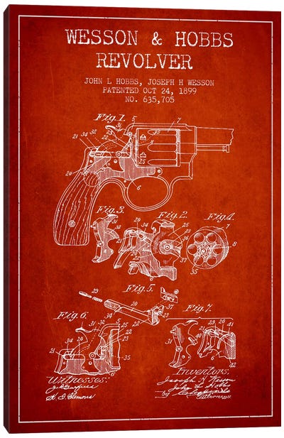 Wesson & Hobbs Revolver Red Patent Blueprint Canvas Art Print - Weapons & Artillery Art
