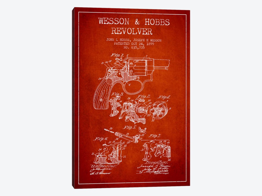 Wesson & Hobbs Revolver Red Patent Blueprint by Aged Pixel 1-piece Canvas Art