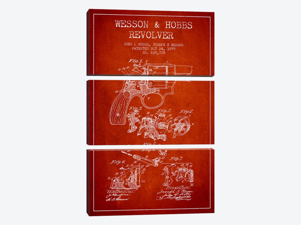 Wesson & Hobbs Revolver Red Patent Blueprint by Aged Pixel 3-piece Canvas Artwork