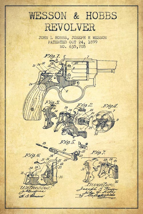 Wesson & Hobbs Revolver Vintage Patent Blueprint