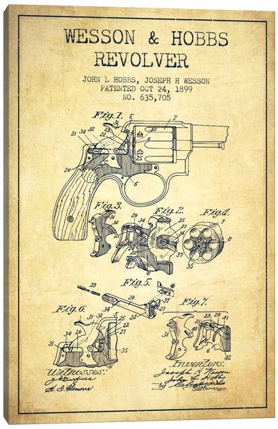 Wesson & Hobbs Revolver Vintage Patent Blueprint Canvas Art Print - Aged Pixel: Weapons