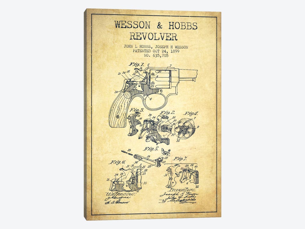 Wesson & Hobbs Revolver Vintage Patent Blueprint by Aged Pixel 1-piece Canvas Print
