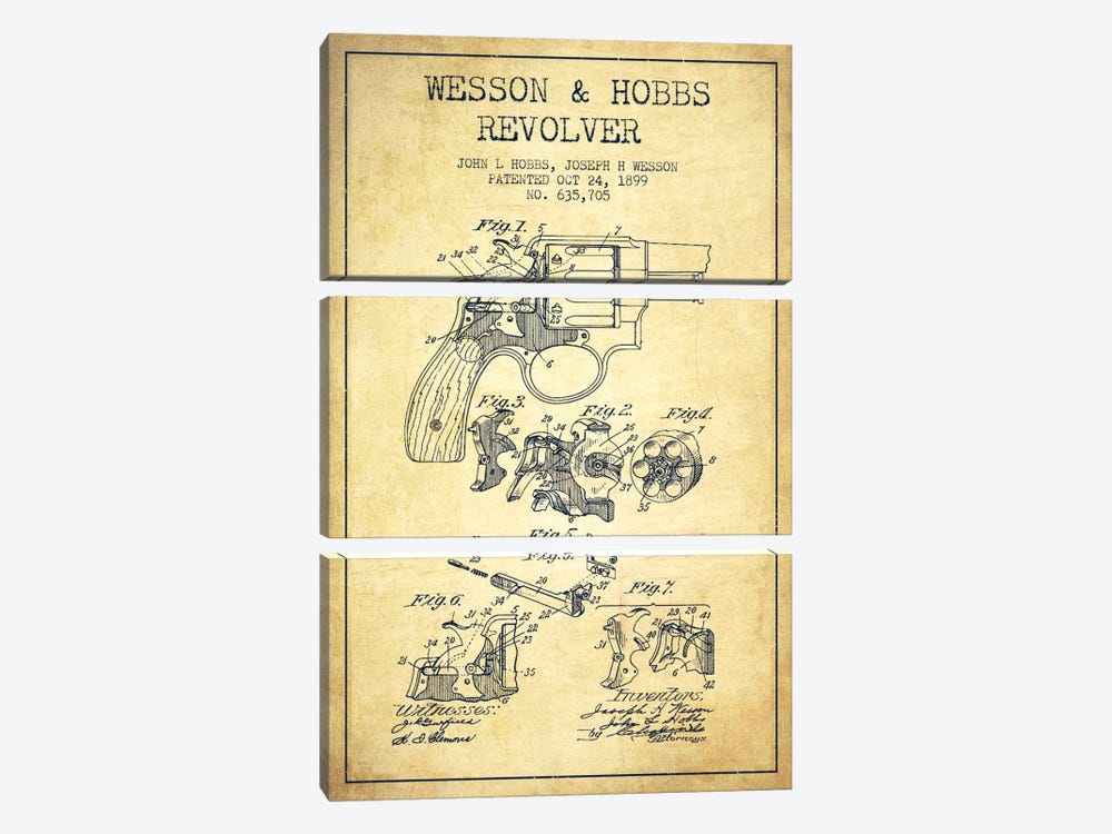 Wesson & Hobbs Revolver Vintage Patent Blueprint by Aged Pixel 3-piece Canvas Art Print