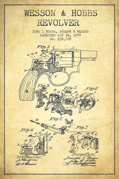 Aged Pixel: Wesson & Hobbs Revolver Vintage Patent Blueprint by Aged Pixel