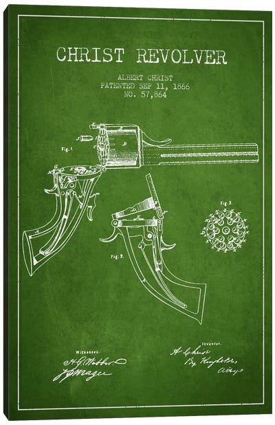 Christ Revolver Green Patent Blueprint Canvas Art Print - Weapons & Artillery Art