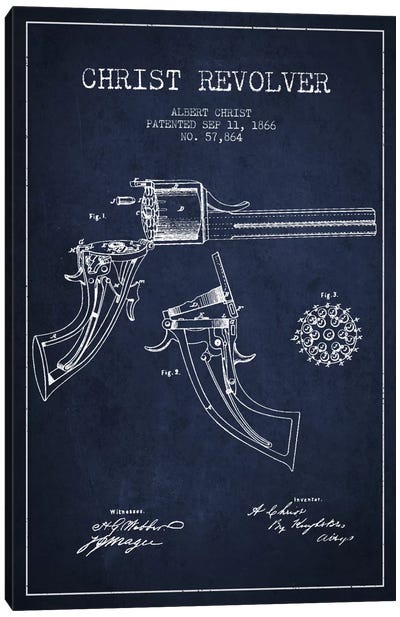 Christ Revolver Navy Blue Patent Blueprint Canvas Art Print - Weapons & Artillery Art