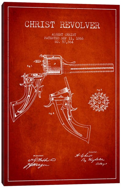 Christ Revolver Red Patent Blueprint Canvas Art Print - Weapons & Artillery Art