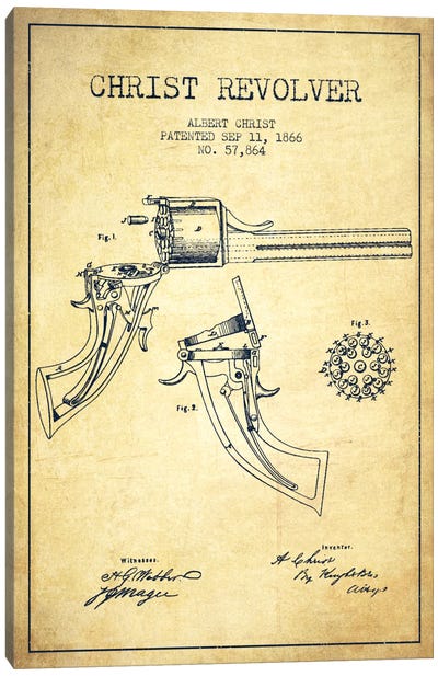 Christ Revolver Vintage Patent Blueprint Canvas Art Print - Aged Pixel: Weapons
