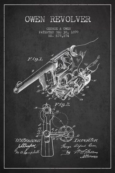 Weapon Blueprints: Owen Revolver Charcoal Patent Blueprint by Aged Pixel