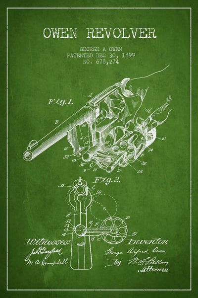 Owen Revolver Green Patent Blueprint by Aged Pixel metal wall art