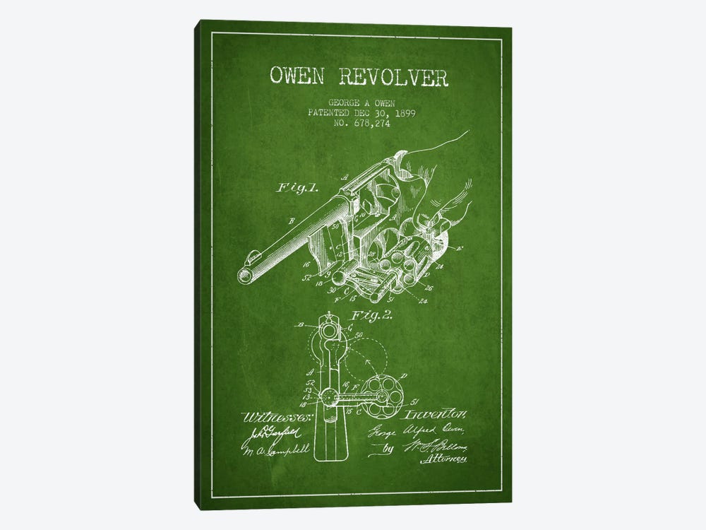 Owen Revolver Green Patent Blueprint by Aged Pixel 1-piece Canvas Art Print
