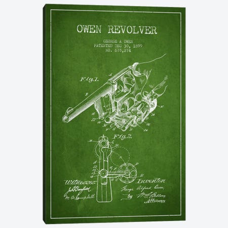 Owen Revolver Green Patent Blueprint Canvas Print #ADP1345} by Aged Pixel Canvas Artwork