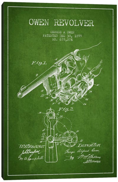 Owen Revolver Green Patent Blueprint Canvas Art Print - Aged Pixel: Weapons