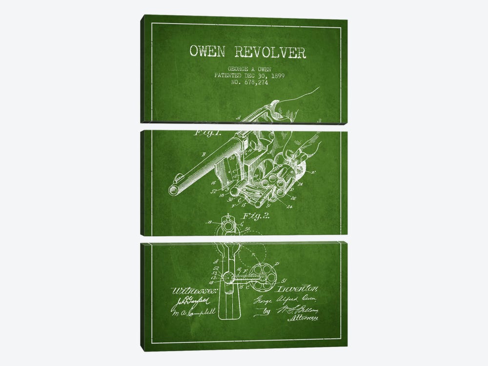 Owen Revolver Green Patent Blueprint by Aged Pixel 3-piece Canvas Print
