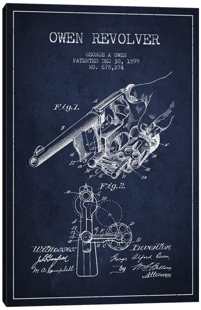 Owen Revolver Navy Blue Patent Blueprint Canvas Art Print - Aged Pixel: Weapons