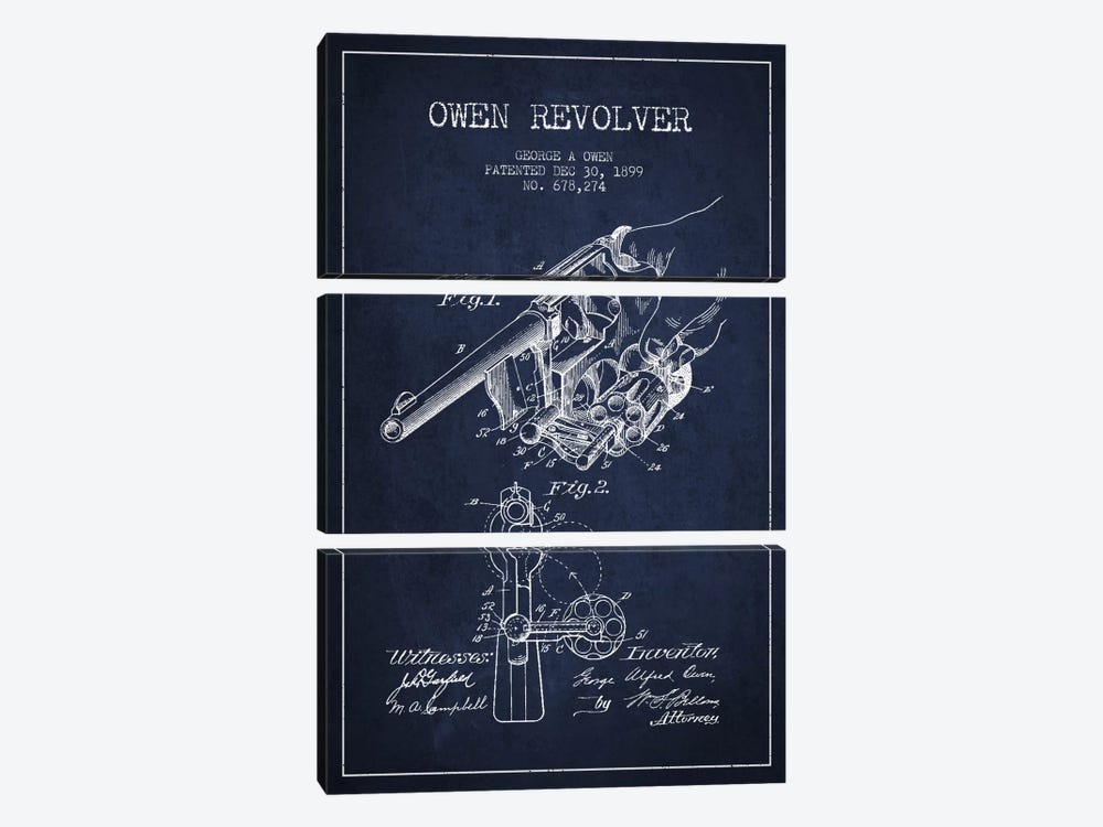 Owen Revolver Navy Blue Patent Blueprint by Aged Pixel 3-piece Canvas Art