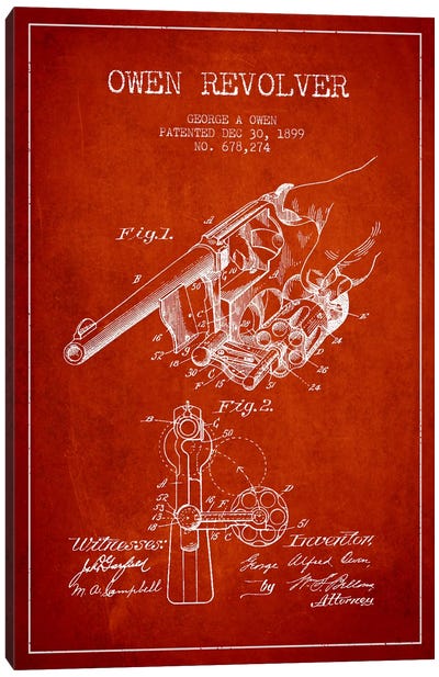 Owen Revolver Red Patent Blueprint Canvas Art Print - Weapons & Artillery Art