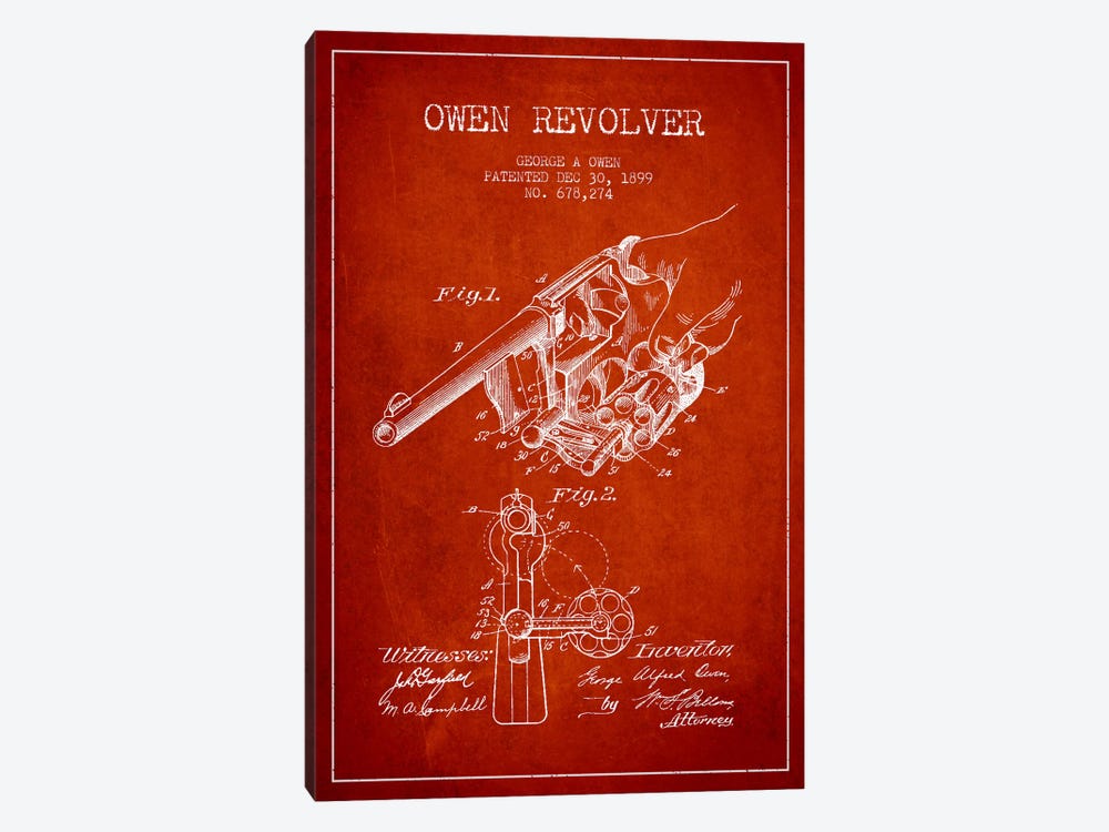 Owen Revolver Red Patent Blueprint by Aged Pixel 1-piece Art Print