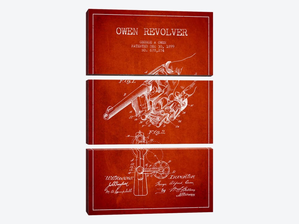 Owen Revolver Red Patent Blueprint by Aged Pixel 3-piece Canvas Print