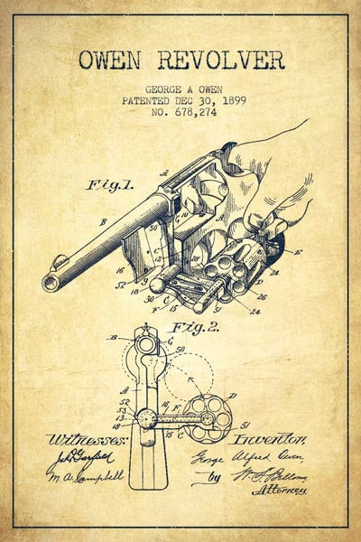 Owen Revolver Vintage Patent Blueprint by Aged Pixel metal wall art