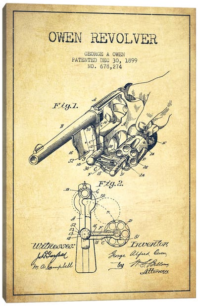 Owen Revolver Vintage Patent Blueprint Canvas Art Print - Aged Pixel: Weapons