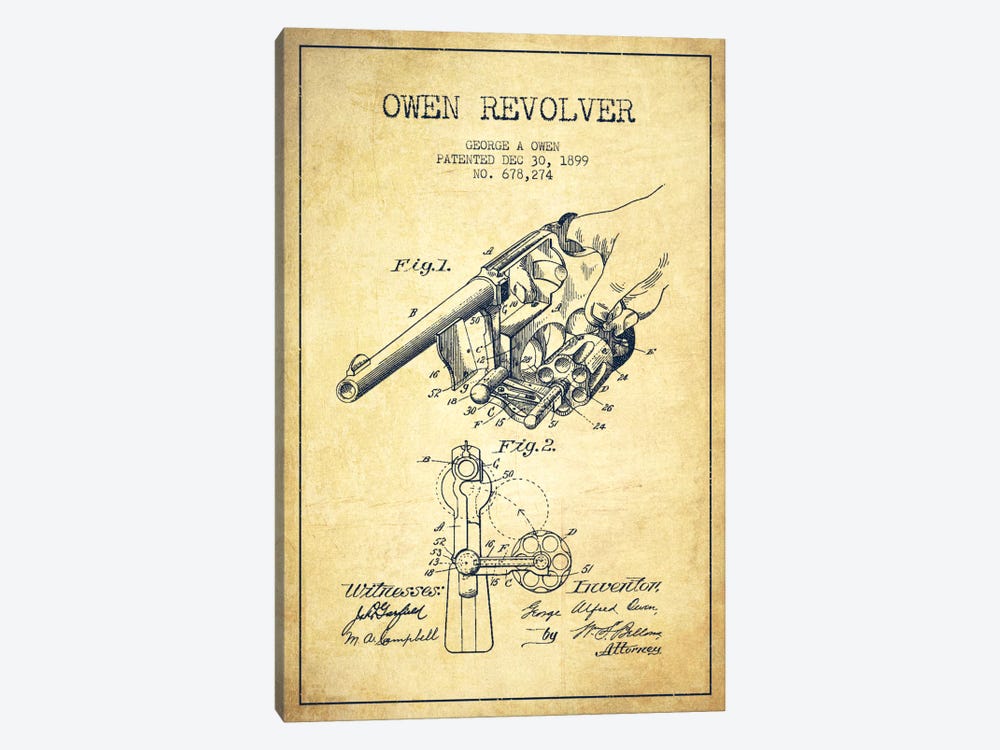 Owen Revolver Vintage Patent Blueprint by Aged Pixel 1-piece Canvas Artwork