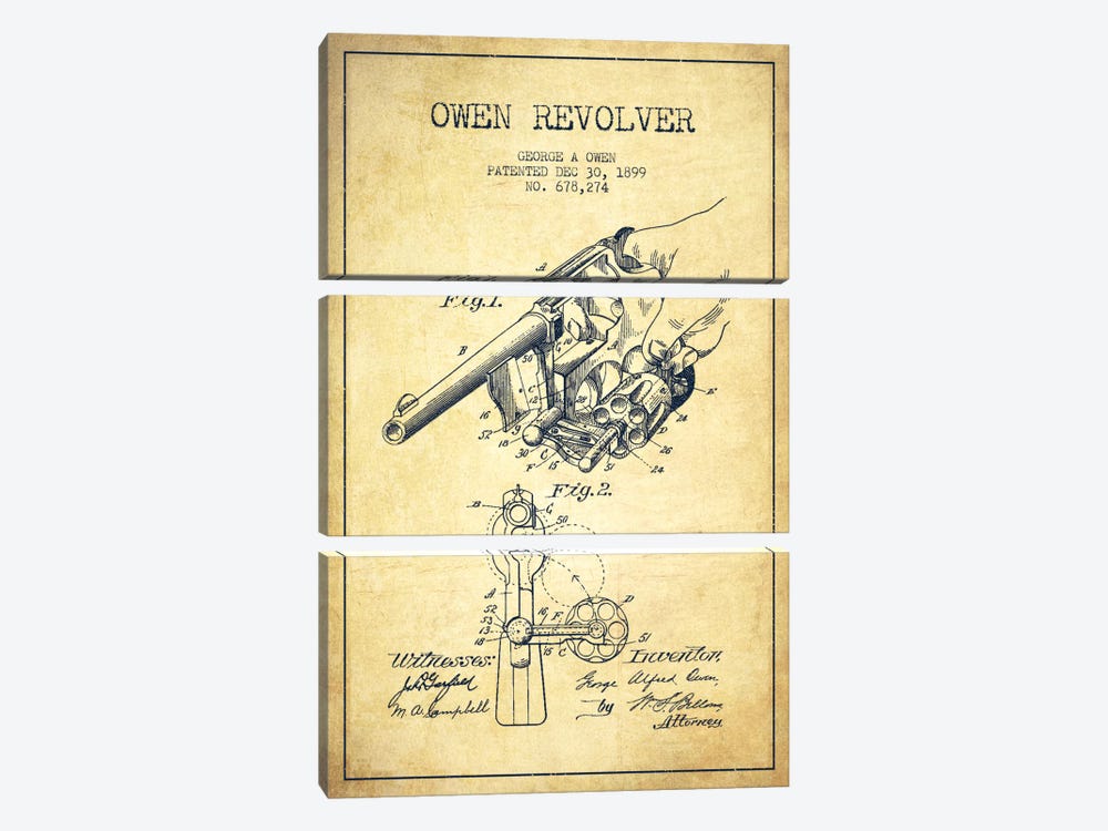 Owen Revolver Vintage Patent Blueprint by Aged Pixel 3-piece Canvas Art