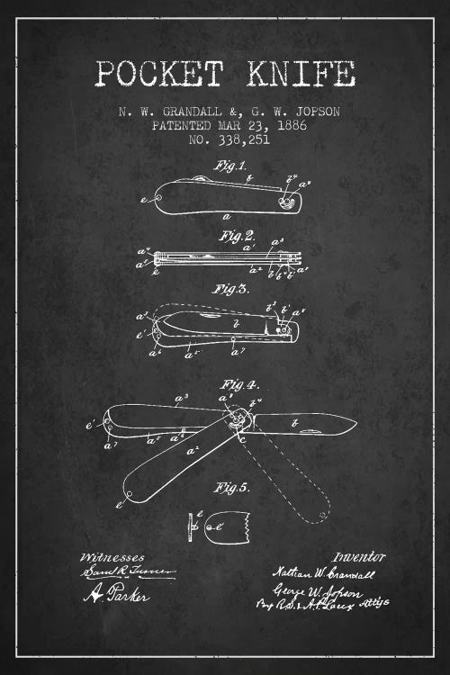 Pocket Knife Charcoal Patent Blueprint
