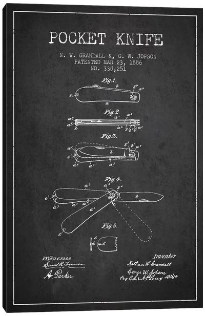 Pocket Knife Charcoal Patent Blueprint Canvas Art Print - Aged Pixel: Weapons