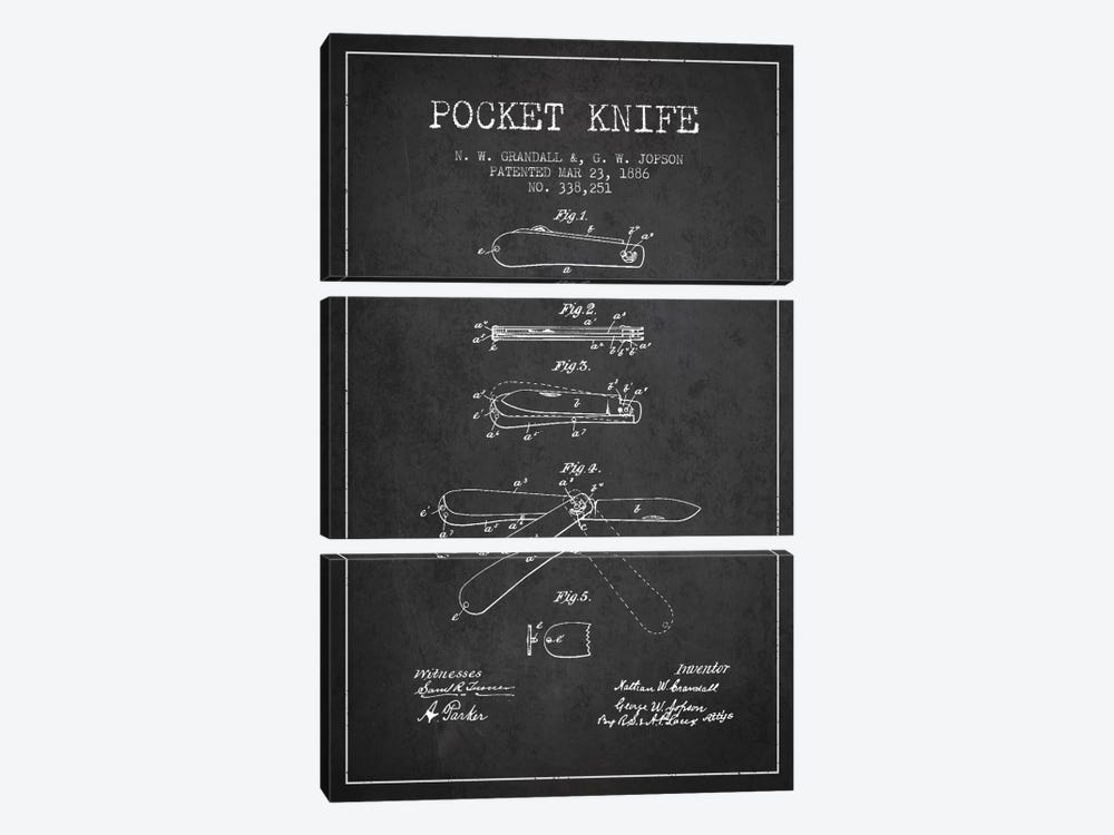 Pocket Knife Charcoal Patent Blueprint by Aged Pixel 3-piece Canvas Print