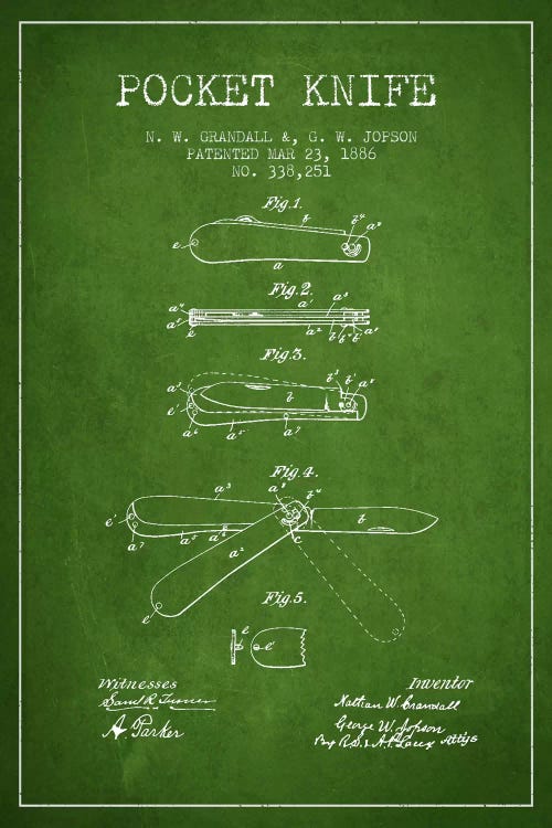 Pocket Knife Green Patent Blueprint by Aged Pixel wall art
