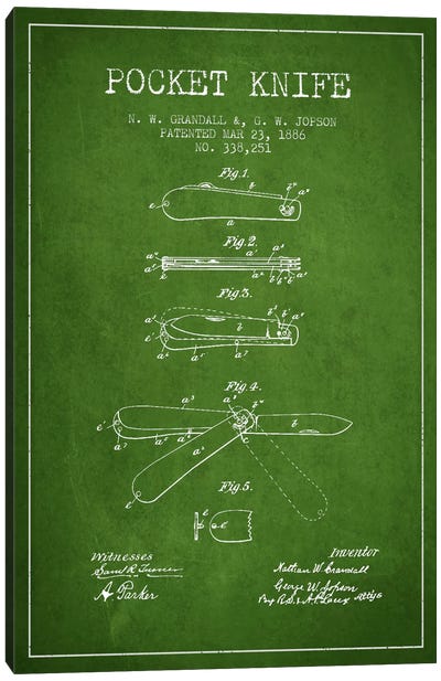 Pocket Knife Green Patent Blueprint Canvas Art Print - Aged Pixel: Weapons