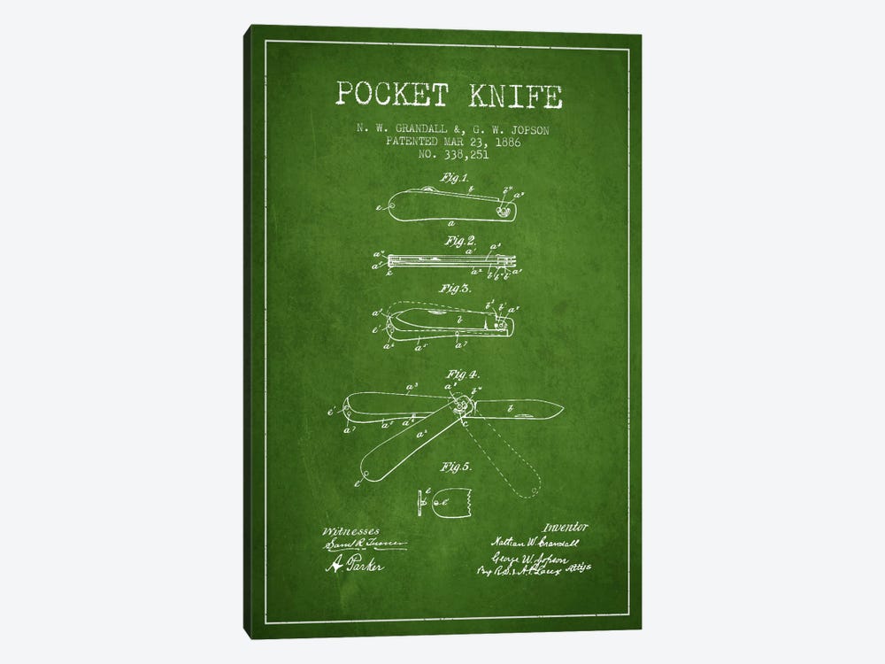 Pocket Knife Green Patent Blueprint by Aged Pixel 1-piece Art Print