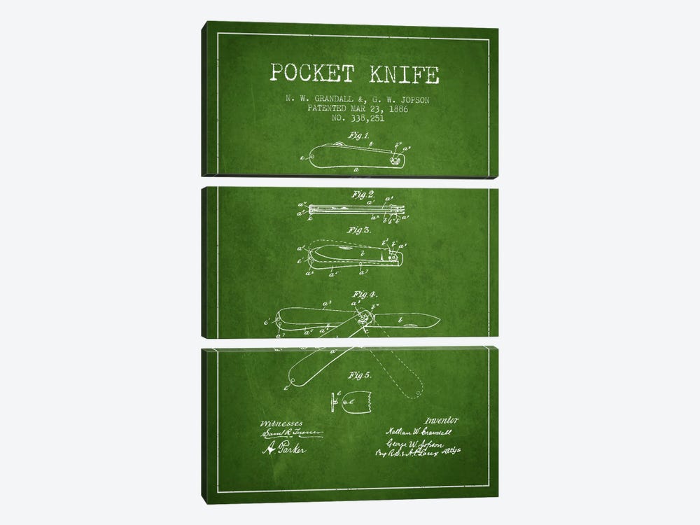 Pocket Knife Green Patent Blueprint by Aged Pixel 3-piece Canvas Art Print
