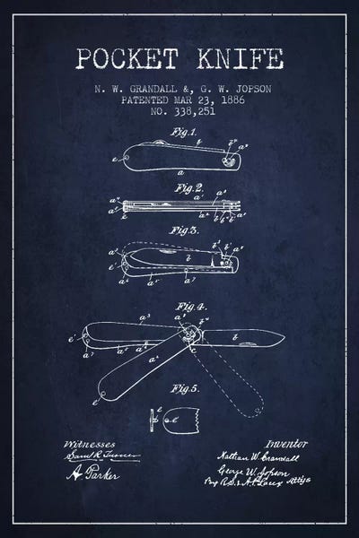 Pocket Knife Navy Blue Patent Blueprint by Aged Pixel metal wall art